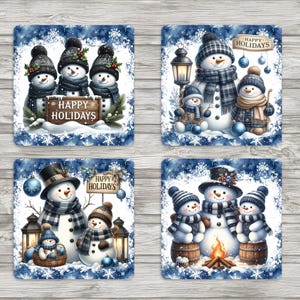 May include: Set of four square coasters with watercolour illustrations of snowmen in winter scenes. Each coaster has a blue snowflake border and includes the text "Happy Holidays". Snowmen wear hats, scarves, and hold lanterns.