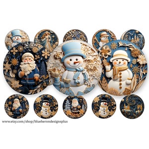 Peut inclure: Douze ornements ronds de style découpé en papier, bleus et dorés, sur le thème des fêtes d'hiver. Les ornements présentent des images du Père Noël, de bonhommes de neige, d'anges et de scènes d'hiver. Les ornements sont parfaits pour décorer un sapin de Noël ou ajouter une touche festive à votre décoration intérieure.