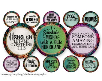 Funny Quote 1in Bottle Cap Images – Floral Glitter Design (Digital Download)
