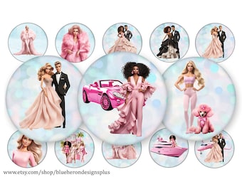 Princesa Rosa, diseños de tapas de botella de 2,5 cm. Compra 3 y llévate 1 gratis. Círculos de 2,5 cm en hoja de 10 x 15 cm. Descarga digital. JPEG y PNG, 25 mm.