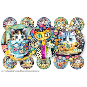May include: A set of 12 colorful round coasters featuring whimsical illustrations of cats in teacups. The coasters are decorated with bright colors, geometric patterns, and floral designs. Each coaster features a different cat with unique personality and expression.
