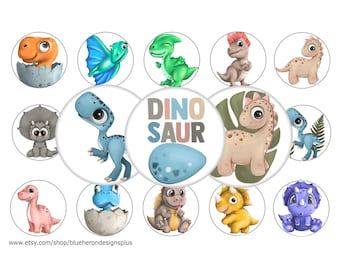 May include: Twelve round cupcake toppers featuring various cartoon dinosaurs in different colors, including green, blue, orange, pink, brown, and purple. The toppers include dinosaurs in eggs, dinosaurs with wings, and dinosaurs with horns. The text "DINO SAUR" is featured on one of the toppers.