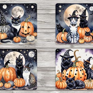 Pumpkins and Cats Halloween-sublimatie 4 x 4 inch vierkante onderzetters-digitale download-jpeg-bestand-digitale download-junk Journal-scrapbooking-kaarten