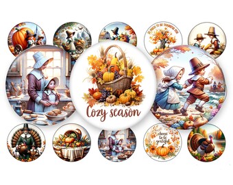 Thanksgiving Fall Pilgrim 1 inch Bottle Cap Images | Buy 3 get 1 Free-See Directions | 4x6 sheet | Jpeg & PNG |  Digital Download | Magnets