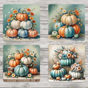 Posavasos cuadrados de calabazas bohemias con sublimación de 4 x 4 pulgadas - Descarga digital - Archivo JPEG - 4 imágenes en una hoja de 8.5 x 11 - Posavasos - Diario basura - Scrapbooking
