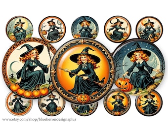 May include: Set of 12 round Halloween themed scrapbook paper embellishments featuring a witch with a broom and pumpkins. The embellishments are in a vintage style with gold accents.