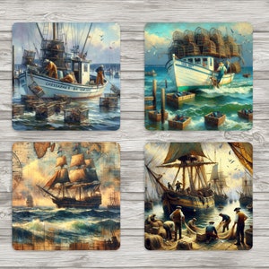 May include: Four vintage-style illustrations of boats on the water. The top left image shows a wooden fishing boat with the text "Chesapeake Bay Temp" on the side. The top right image shows a wooden boat with a net full of fish. The bottom left image shows a sailboat with white sails. The bottom right image shows a sailboat with a net full of fish.