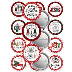 May include: A collection of Christmas-themed pinback buttons with various designs. The buttons feature text like "Jesus is the Reason," "Christmas Begins with Christ," and "Joy to the World." The buttons have red and green plaid patterns and festive graphics.