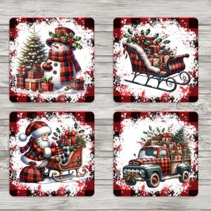 May include: Set of four square Christmas coasters. Each coaster features a different holiday scene: a snowman, a sleigh, Santa Claus, and a truck, all with a red and black plaid design. The coasters have a white and red splatter border.