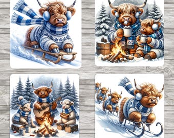 Sublimeringsmall för fyrkantigt underlägg med höglandskon, jul och vinter, 4x4: (digital nedladdning)