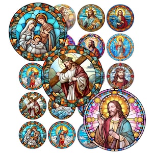 Pode incluir: Uma coleção de desenhos circulares de vitrais coloridos com figuras religiosas. As imagens retratam Jesus, a Sagrada Família e outras cenas bíblicas. A obra de arte utiliza cores vibrantes e detalhes intrincados, criando um efeito de mosaico.