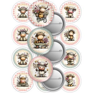 May include: A collection of round pinback buttons featuring cartoon Highland cows with floral accents. The cows are depicted in various poses, some with flowers, others with a bicycle or a cart. The buttons have a pastel color palette with pink, green, and beige backgrounds.