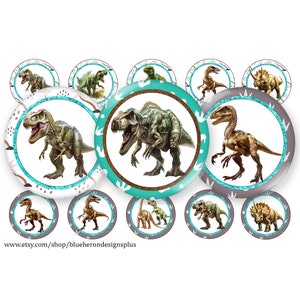 Może przedstawiać: Kolekcja okrągłych wzorów z motywem dinozaurów. Każdy wzór przedstawia inną ilustrację dinozaura, w tym T-Rexa, w odcieniach zieleni, brązu i szarości. Wzory umieszczone są na białym i turkusowym tle z dekoracyjnymi obramowaniami.