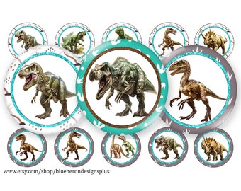 May include: A collection of circular dinosaur-themed designs. Each design features a different dinosaur illustration, including a T-Rex, in shades of green, brown, and gray. The designs are set against white and teal backgrounds with decorative borders.