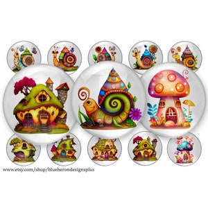 May include: Set of 12 colorful, whimsical, cartoon-style, fairy house and mushroom home illustrations. The houses are decorated with flowers, windows, and doors. The mushrooms have red and white spots. The illustrations are perfect for crafting projects, scrapbooking, or adding a touch of whimsy to your home decor.
