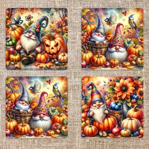 Posavasos cuadrados de gnomo otoñal de 4 x 4 pulgadas (sublimación) - Descarga digital - Archivo JPEG - 4 imágenes en una hoja de 8,5 x 11 - Posavasos - Diario basura - Scrapbooking