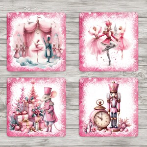 May include: Set of four square coasters with watercolor illustrations of The Nutcracker ballet. Each coaster features a different scene: a stage, dancers, a mouse soldier, and a nutcracker with a clock. The coasters have a pink border.