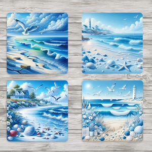 Fantastiska blå och vita sublimeringsunderlägg i havsmotiv, 10 x 10 cm, fyrkantiga | 1 JPEG 8,5x11, tillfälligt, klart för utskrift | 4 individuella PNG | Direktnedladdning