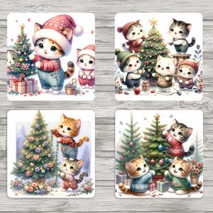 Aquarelle de bébé chats décorant le sapin de Noël | Dessous de verre carrés 4x4 Sublimation | Téléchargement instantané | Utilisation commerciale et personnelle