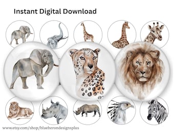 Imágenes de tapas de botellas de animales africanos - Círculos de 2,5 cm (descarga digital)