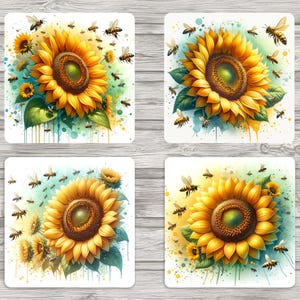 Sunflowers and Honey Bees Sublimation 4x4 Inch Square Coasters | Digital | 1-JPEG 8.5x11 Template ready to Print | 4 Indiviual JPEG Images