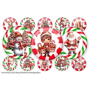 Peut inclure: Douze images rondes sur le thème de Noël avec des rayures de canne à sucre en rouge et blanc avec des accents verts. Les images présentent un bonhomme de neige, le Père Noël, un garçon tenant des cannes à sucre, un cerf, une maison en pain d'épices, une bougie et plus encore.