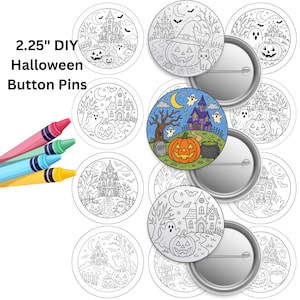 以下が含まれることがあります： 5.72cmのDIYハロウィン缶バッジセット。お化け屋敷、カボチャ、幽霊、コウモリの白黒線画が描かれた円形の紙製インサート、色塗り済みの見本1点、装飾用の4色のクレヨンが含まれています。