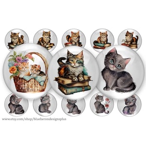 Kitty Cats-Kitty&#39;s with Books -Baskets -1 inch Bottle Cap- Buy 3 get 1 Free- Direction Below, 4x6 sheet. Digital Download, JPEG & PNG