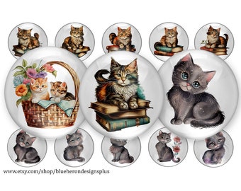 Kitty Cats-Kitty's with Books -Baskets -1 inch Bottle Cap- Buy 3 get 1 Free- Direction Below, 4x6 sheet. Digital Download, JPEG & PNG