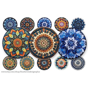 May include: Twelve colorful mandala designs painted on round ceramic coasters. The coasters feature intricate patterns in shades of blue, orange, yellow, and green.