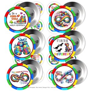 May include: Set of 8 autism awareness button pins with colorful puzzle piece designs and various slogans. The slogans include "Be a Kind Sole", "It's Ok to Be Different", "Love Needs No Words", and "Autism Acceptance".