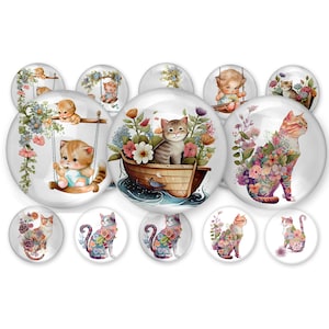 Cats-Kittens-Boats-Swings-Flowers-1 inch Bottle Cap- Buy 3 get 1 Free- Direction Below, 4x6 sheet15 Images- Digital Download, JPEG & PNG