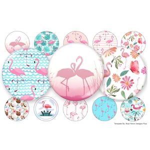 May include: A set of 12 round pink flamingo themed stickers. The stickers feature various designs including flamingos in flight, flamingos standing on one leg, and flamingos with tropical plants. The stickers are perfect for adding a touch of tropical flair to any project.