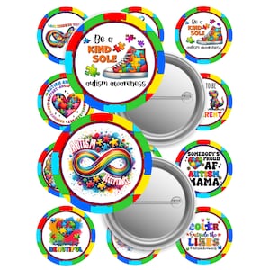 May include: Set of 10 round button badges with various designs related to autism awareness. The designs include a rainbow infinity symbol with the word "acceptance", a heart with jigsaw pieces, a trainer with jigsaw pieces, a dinosaur, and more. The badges are colourful and feature a variety of designs.