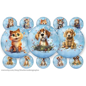 Op de afbeelding: Een verzameling ronde kerstversieringen met cartoonkatten en -honden verstrikt in kerstverlichting. De ornamenten hebben een lichtblauwe achtergrond met sneeuwvlokken. De illustraties zijn kleurrijk.