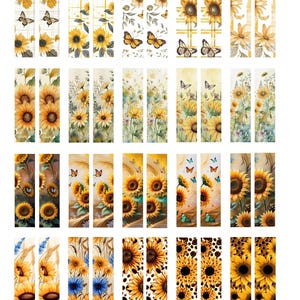 May include: A set of 12 sublimation earring blanks featuring various sunflower designs. The designs include sunflowers with butterflies, sunflowers with leaves, sunflowers with wheat, and sunflowers with a polka dot pattern. The blanks are 0.6x2.1 inches and are designed for 0.5x2 inch sublimation earrings.