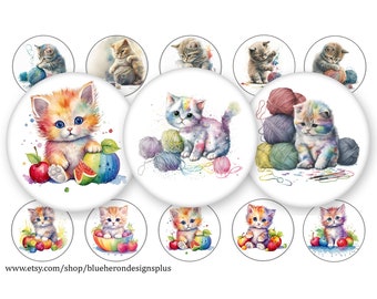 Gattini che giocano - Tappo di bottiglia da 1 pollice - Foglio 4x6 - 15 immagini - 25 mm (download digitale)