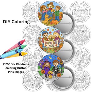 Puede incluir: Un conjunto de chapas para colorear DIY de 2,25 pulgadas para niños con diseños circulares en blanco y negro de niños, perros y calabazas. Tres chapas circulares a todo color se muestran junto a cuatro lápices de colores.