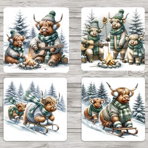 Highland Cow Fun, Sublimação de Natal Verde 4 x 4 polegadas Quadrado Coasters-Download Digital-Arquivo Jpeg incluído-Diário de Lixo-Scrapbooking-Cartões