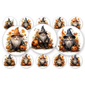 May include: Twelve round, white, decorative stickers featuring gnomes with pumpkins and fall leaves. The gnomes are wearing pointy hats and have white beards. The pumpkins are orange and have carved faces. The leaves are brown, orange, and yellow.