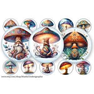 May include: A set of 12 colourful mushroom illustrations with intricate details. The mushrooms are depicted in various styles, including whimsical, psychedelic, and realistic. Some mushrooms have glowing caps, while others have intricate patterns and designs. The illustrations are perfect for adding a touch of whimsy and magic to any project.