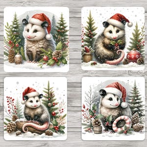 Dessous de verre carrés Sublimation de Noël Woodland Opossum 4 x 4 po. | Téléchargement numérique | Modèle de fichier JPEG | 4 fichiers PNG inclus