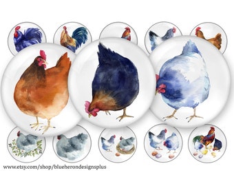 Pollos, pollitos - Imágenes de tapas de botellas de 2,5 cm - Hoja de 10 x 15 cm. Descarga digital, JPEG y PNG - Collage de 25 mm