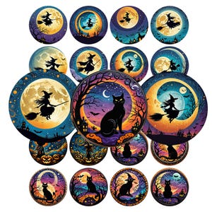 May include: Set of 15 round Halloween themed coasters featuring black cats, witches, and crescent moons. The coasters are decorated with a variety of colors, including purple, blue, yellow, and orange.