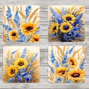 Prachtige zonnebloemsublimatie vierkante onderzetters van 4 x 4 inch | 1 jpeg, 8,5 x 11, temperatuur, klaar om af te drukken | 4 individuele png-bestanden | Digitaal