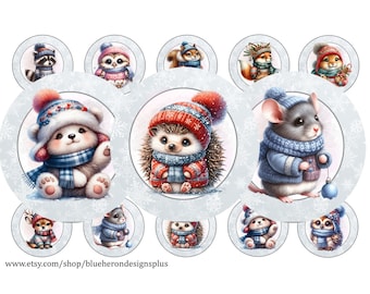 Winter Woodland Animals--1 inch Bottle Cap Images-Buy 3 get 1 Free- Read Directions Below, 4x6 sheet. Digital Download, JPEG and PNG