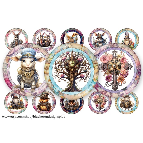 30 Images-Steampunk Easter -1 inch Bottle Cap- Buy 3 get 1 Free- Direction Below, 2-4x6 sheet. Digital Download, JPEG & PNG-25MM