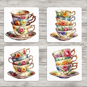 May include: Four sets of stacked teacups with floral patterns on white saucers. The teacups are in various shades of blue, pink, and green.