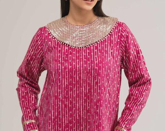 Pink Embroidered Kurta Style Long Dress Shirt | Pakistani Modest Tunic Top