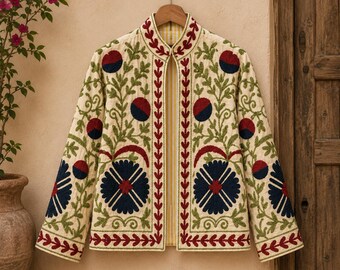 Handmade Suzani Kantha Embroidered Light Yellow Cotton Jacket | Boho Floral Coat | Ships from USA